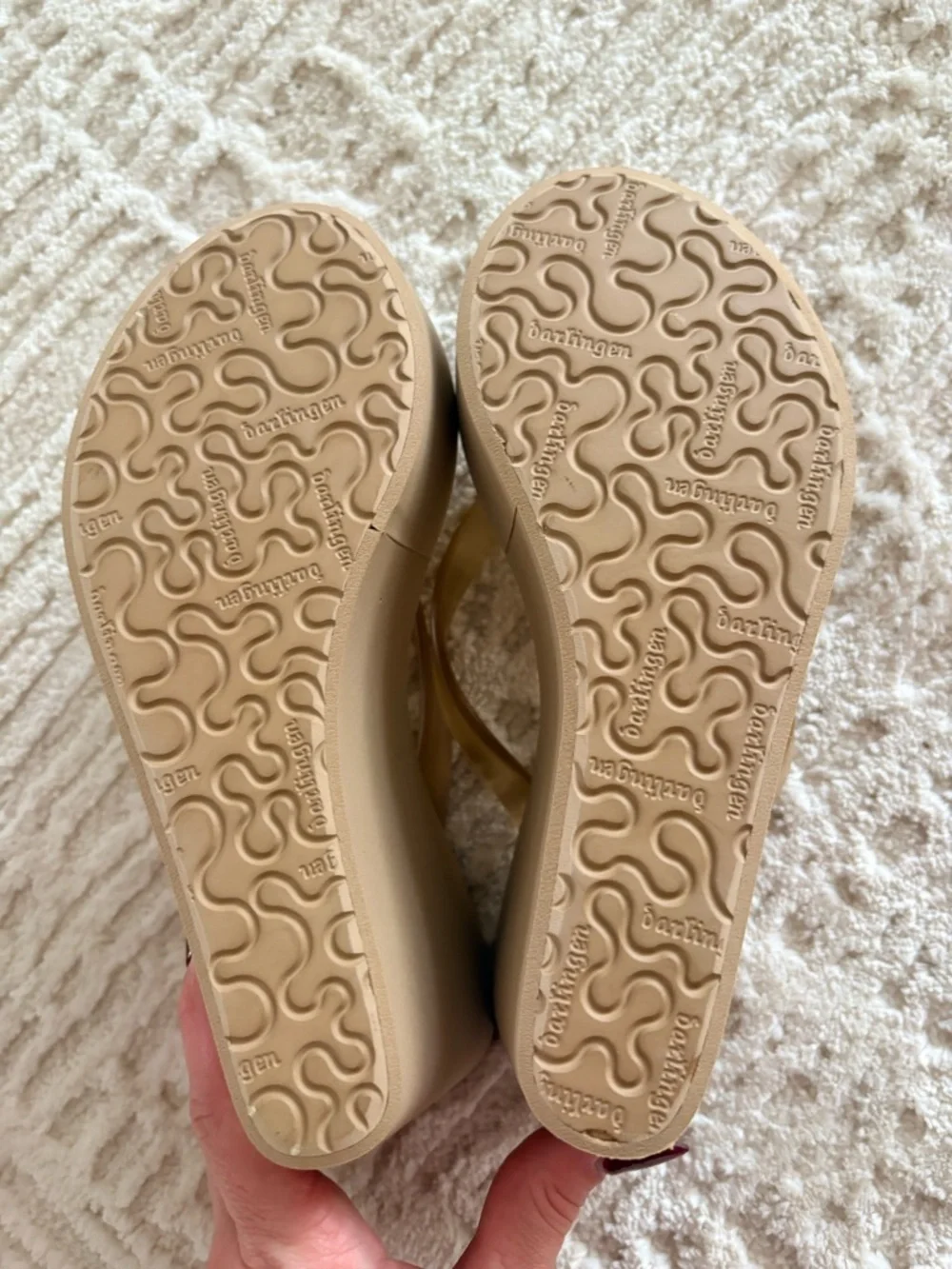 BCBG Tan Platform Flip Flop Sandals with Clear Floral Embellishments